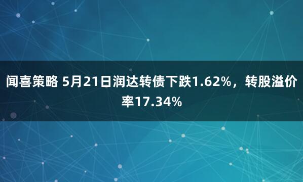 闻喜策略 5月21日润达转债下跌1.62%，转股溢价率17.34%